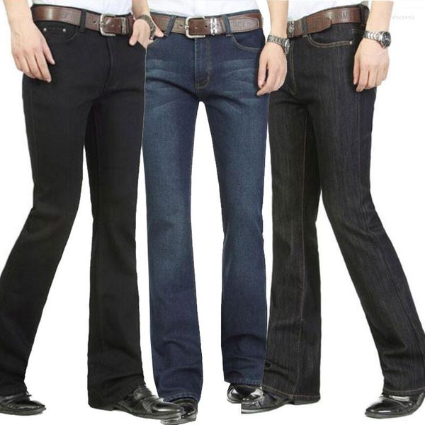 Jeans masculinos de inverno de inverno Micro-Horn Stretch Slim Mid-Rise Small Flare Spess Plus Velvet