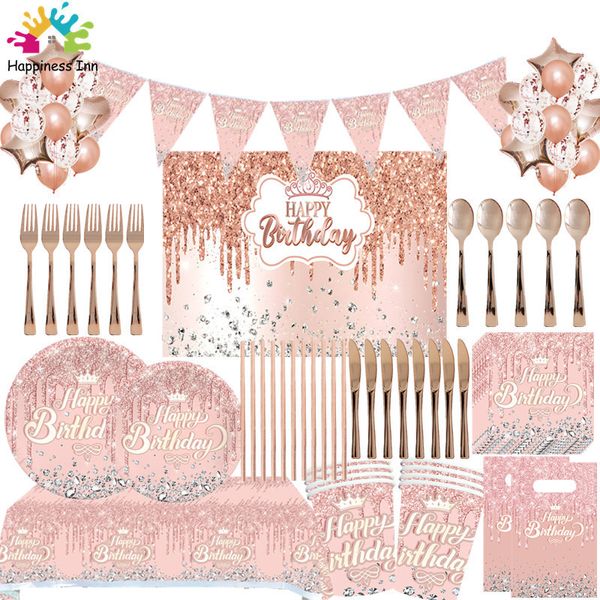 Posate usa e getta Diamante rosa Buon compleanno Oro rosa Glitter Baby Shower Decorazioni per feste Tovaglia Banner Stoviglie Forniture per adulti per ragazze 230221