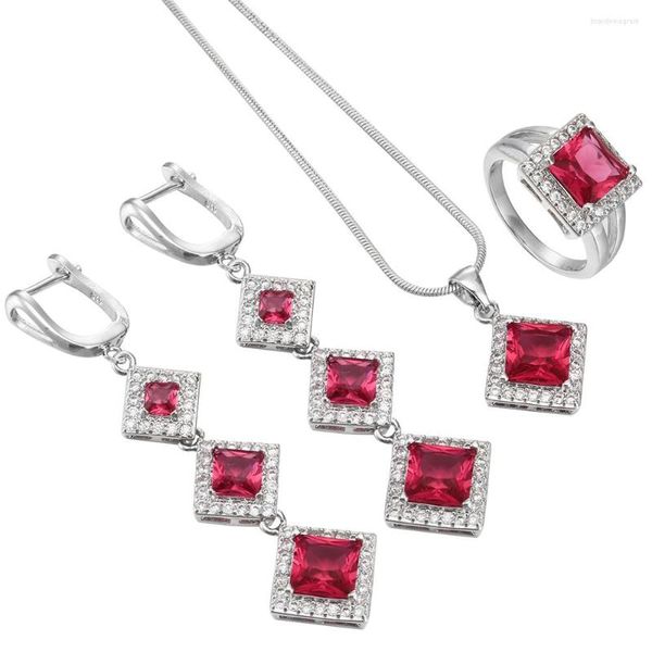 Collana Orecchini Set Top Oro bianco Colore quadrato Gioielli Ciondolo / orecchini / anello con zirconi cubici multicolore Matrimonio da donna