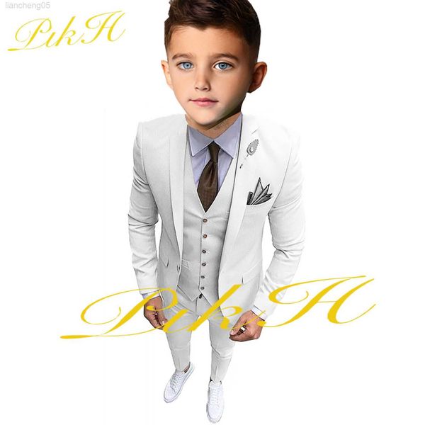 Roupas de roupas meninos brancos terno de 3 peças Tuxedo de casaco de casamento colete de colete infantil blazer criança esbelto vestido personalizado roupa completa w0222