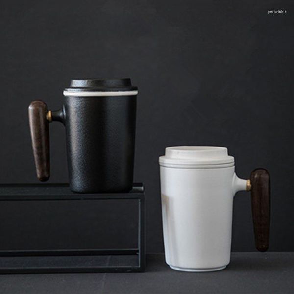 Tassen 400 ml Holz Handgriff Kaffeetasse Vintage Keramik grobe Keramik Teetasse mit Filter Office Master Wasserbecher Frühstückstrinkgeschirr