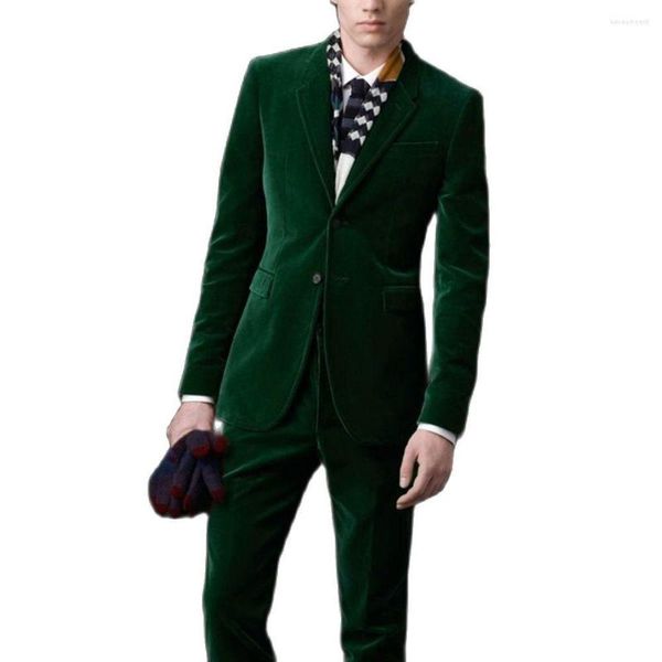 Abiti da uomo Custom Made Velluto Verde scuro Uomo Slim Fit Formale 2 pezzi Blazer Sposo Ball Gown Tuxedo Cappotto maschile Giacca Pantaloni Masculino