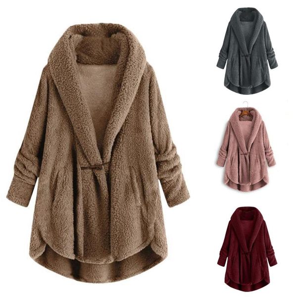 Frauen Pelz Faux Winter Casual Mantel Frauen Plus Größe Horn Knopf Plüsch Tops Mit Kapuze Lose Strickjacke Wolle Jacke