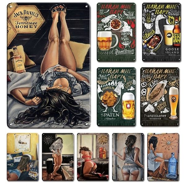 Poster di birra vintage Segno di stagno sexy Girl Painting Metal Piatti di metallo decorativo segni retrò barre da bar shabby chic sexy pin up girl sticker decorazioni da parete per casa dimensioni 30x20cm w01