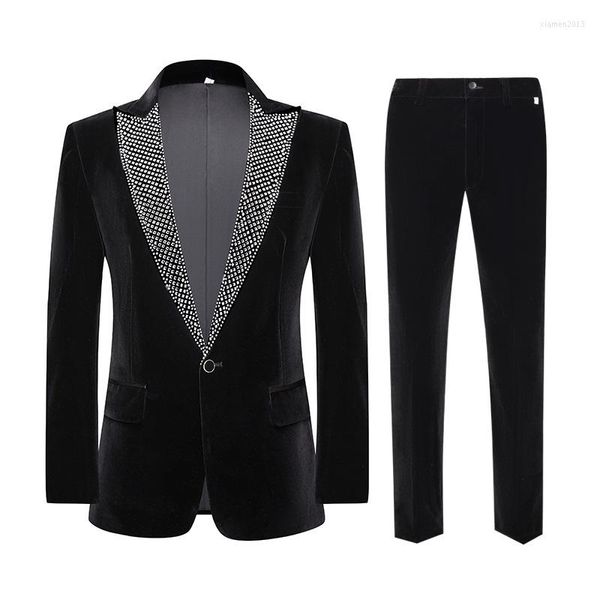 Abiti da uomo in abiti di lusso in velluto diamante 2 pezzi abiti a punta bavaglio un pulsante smoker blazer per la festa della cena pantaloni da promuoia set xxxl