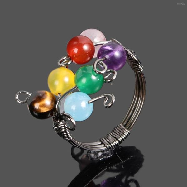 Ringos de cluster são feitos artesanais naturais sete contas de cor de chakra para jóias acessórios de diy anel: 18-19mm
