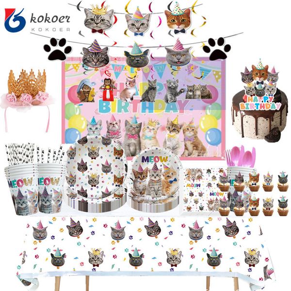 Einwegbesteck, niedliche Haustier-Katzen-Geburtstagsparty-Dekoration für Jungen und Mädchen, einschließlich Katzengesichtsbanner, Kätzchen, Pappteller, Tassenzubehör 230221