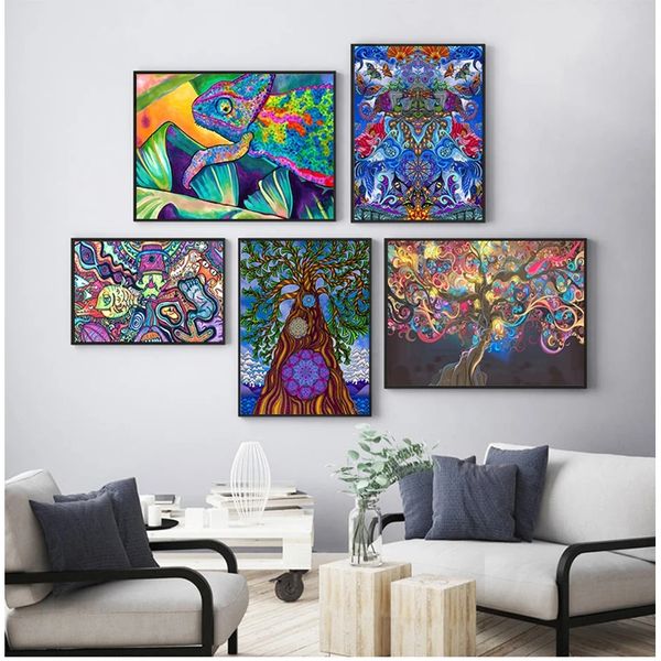 Pinturas de parede de lona para decoração de casa decoração abstrata pinturas de luz preta Arte Psicedélicos Trippy Prints Wall Woo