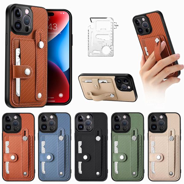 Capas de telefone à prova de choque para iPhone 15 14 13 12 11 Pro Max XR XS X Plus Ferramenta de pacote de cartão multifuncional PU Couro Suporte de pulso Capa protetora