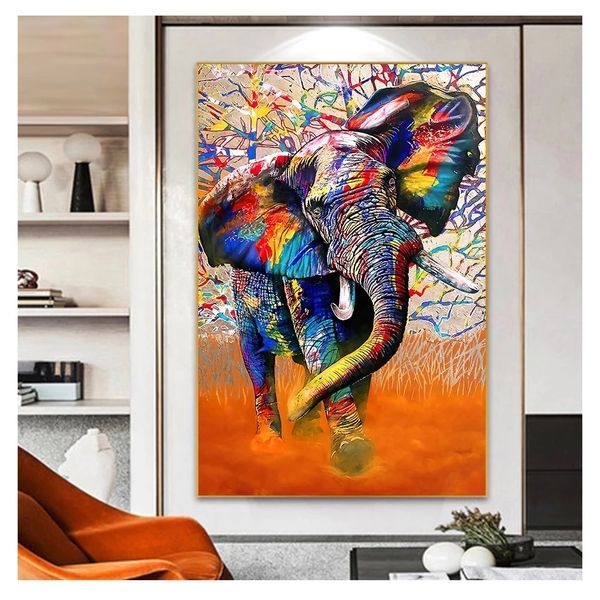 Bunte Graffiti -Kunstplakate und Drucke Wandkunst Tierbild f￼r Wohnzimmer Afrikanische Wild -Elefant -Gem￤lde Woo