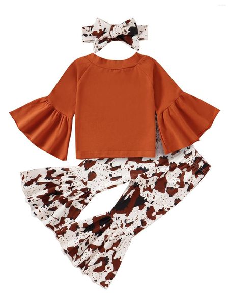 Kleidungssets für Kleinkinder, Mädchen, 3-teilig, Herbst-Outfits, Glockenärmel, einfarbige Oberteile, Schlaghosen, Stirnband-Set