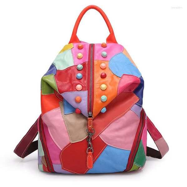 Okul çantaları mochila femenina retro gerçek deri sırt çantası koyun derisi tasarımcısı seyahat renkli patchwork lüks alışveriş çantası kadınlar