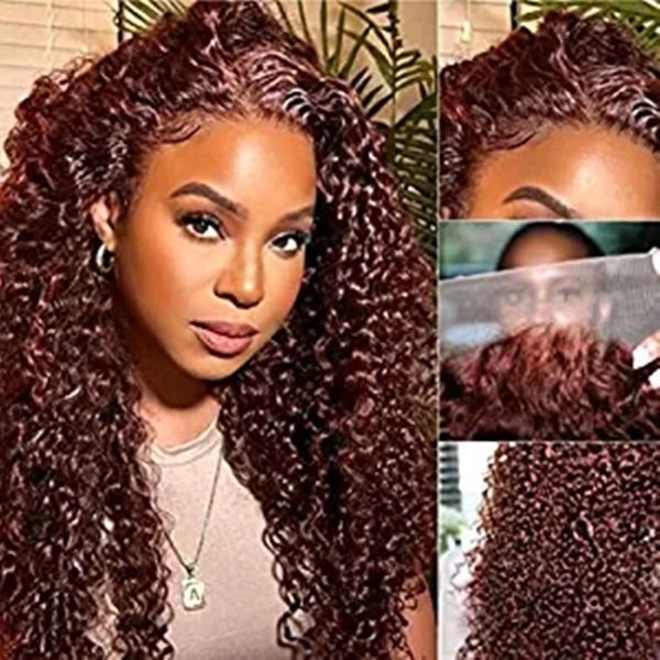 Water Wave Reddish Brown Lace Front Wigs Human Human Cabelo 130% de densidade pré -arrancada com cabelos bebês molhado ang ondulário de cobre de cobre sem glueless perucas para mulheres