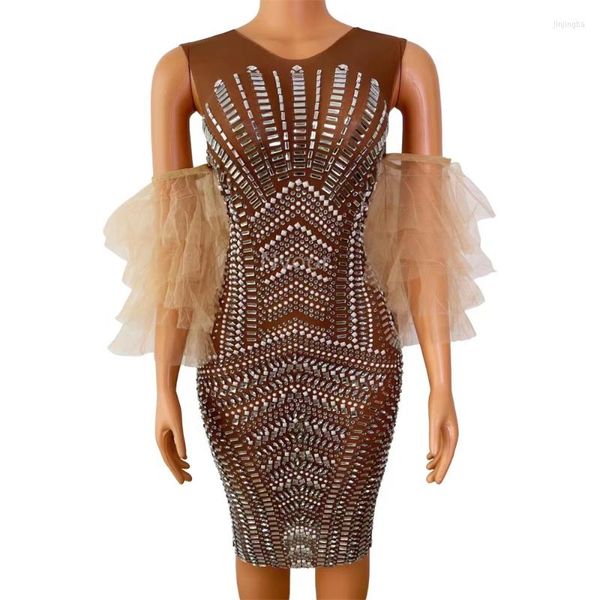 STEGN Wear Brown Short Skirt DJ Jazz Dance Costume Nightclub Dress Rave Round Round Roughly Rhinestones Women Show