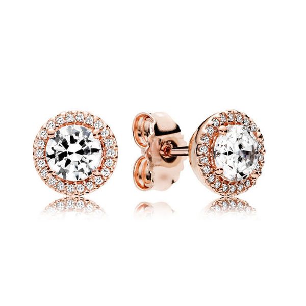 Rose Gold Round Sparkle Halo Stud Ohrringe für Pandora 925 Sterling Silber Party Schmuck für Frauen Männer Geschenk CZ Diamond Hip Hop Ohrring mit Originalschachtel