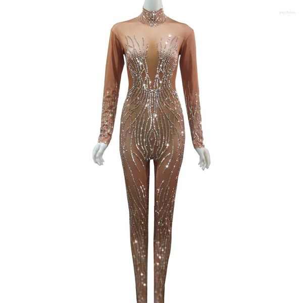 Bühne Tragen Glänzende Silber Strass Nude Overall Frauen Sexy Leistung Bodysuit Weibliche Strampler Tanz Nachtclub Outfits