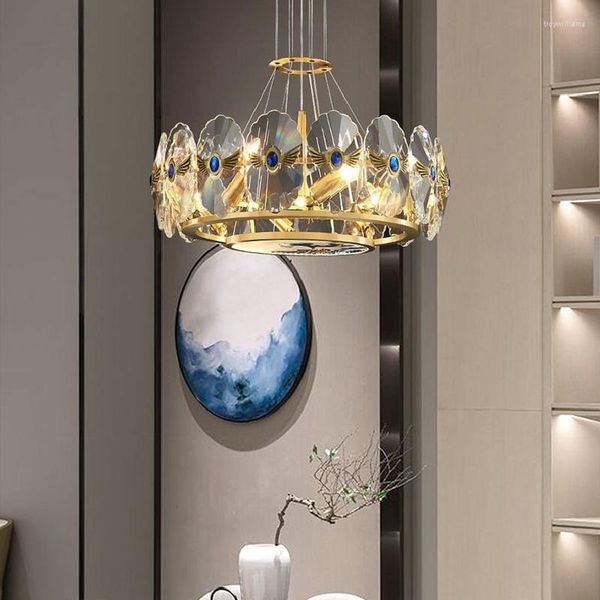 Lâmpadas pendentes Luz de cristal de cobre em estilo chinês; Luxury Villa Living Room Dining Simple Modern Candelier
