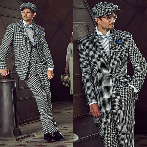 Ternos masculinos Blazers Houndstooth Men Suit de Tailormade 3 peças Pontas de colete Blazer