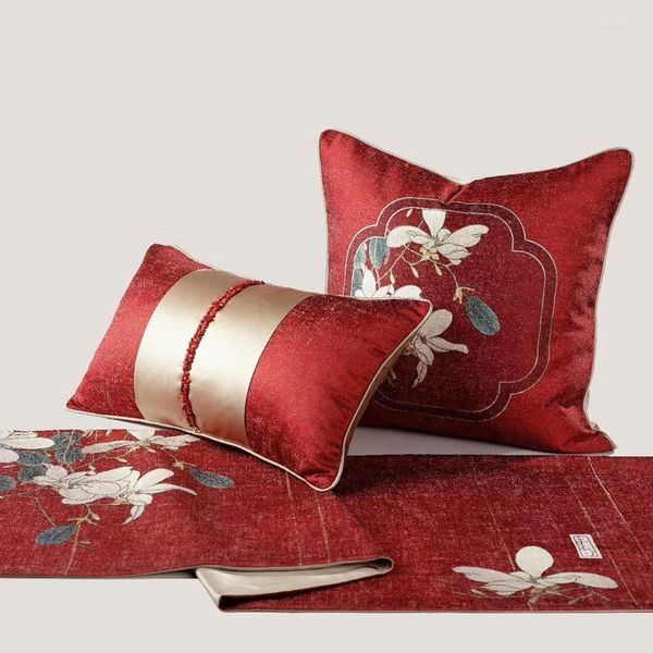 Travesseiro estilo chinês refinado sofisticado decoração de casamento bordado de flor de flor vermelha lombar lombar bastidura