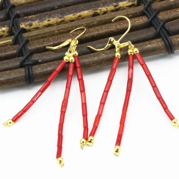 Baumelnde Ohrringe, Kronleuchter, exquisites Party-Geschenk, natürliche rote Koralle, Röhrenperlen, 2–7 mm, handgefertigt, hochwertiger Ohrschmuck für Damen, B3243Dangle