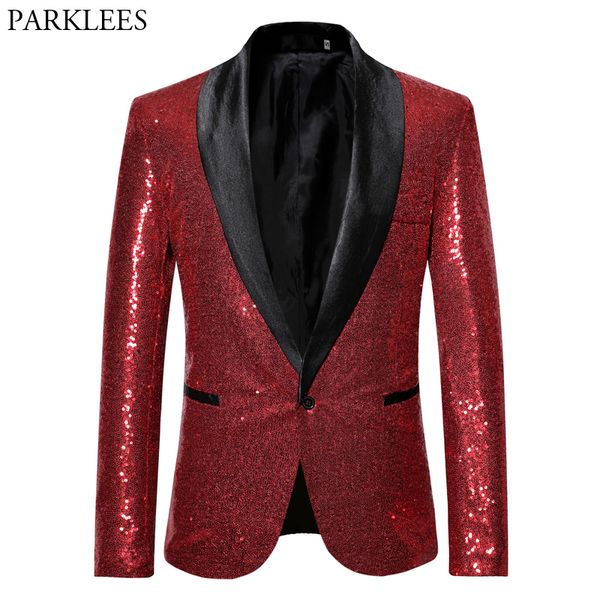 Abiti da uomo Blazer Rosso lucido Paillettes Bling Glitter Blazer Giacca Uomo Collo a scialle One Button Nightclub Party Prom DJ Rock and Roll Costumi 230222