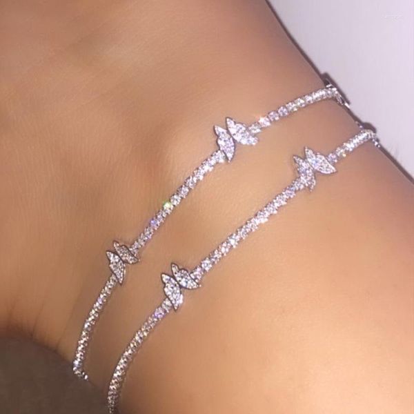 Tobilleras de mariposa de diamantes de imitación para mujer, pulsera de tobillo de cristal de circón, sandalias de playa bohemias, pulseras de pie, cadena para pierna, joyería femenina