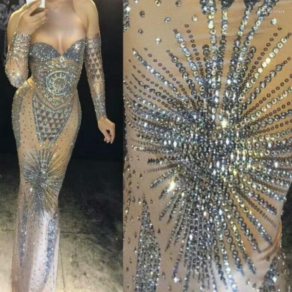 Сцена Wear Sparkly Rhinestoness Nude Long Dress Sexy Nightclub Full Stones Big Tail Costum