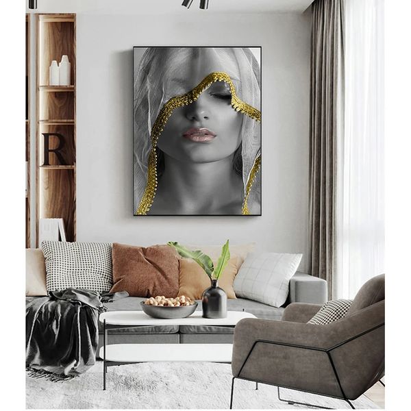 Immagini artistiche Cuadros scandinavi per la decorazione del soggiorno Trucco dorato Donne Dipinti su tela Poster e stampe Parete in stile nordico Woo