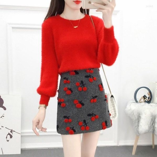 Arbeitskleider Süßes Mädchen Zweiteiliges Set 2023 Herbst Winter Damenmode Weiche Pullover Strickwaren Hohe Taille Mini Kurzer Rock Damenanzüge