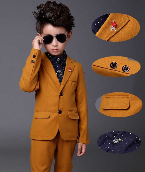 Set di abbigliamento Abiti per ragazzi per matrimoni Abiti da ballo per bambini Abiti da sposa gialli Bambini tuexdo Set di abbigliamento per bambini grandi Ragazzo formale classico Vieni