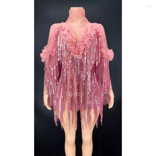 Abbigliamento da palcoscenico rosa scintillante di strass di strass per cortili vagali per la festa del festival Celebrity Celebrity Outfit Costume