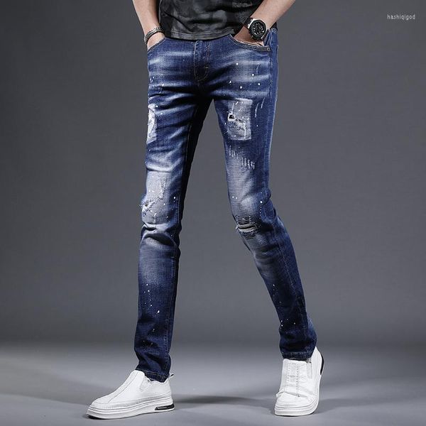 Jeans masculinos azuis rasgados slim fit masculino de verão casual calças impressas patches de roupas de rua jeans cp2184