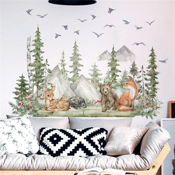 Adesivos de parede grandes animais florestas urso de veado para crianças quarto decalques berçários meninos quarto decoração cartoon árvores mural 230221