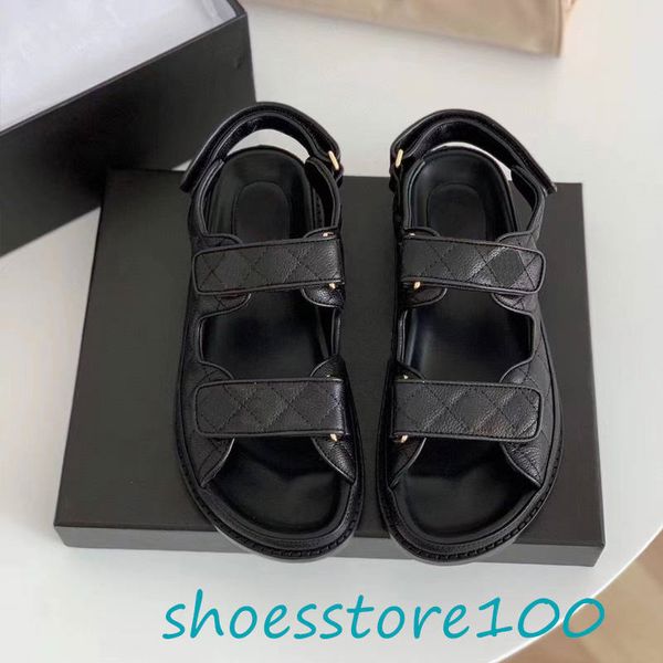 Damen-Papa-Sandalen aus echtem Leder, hochwertige Designer-Sandalen, luxuriöse Kamelie, Sommer-Frühlings-Opa-Sandalen, gesteppt, Schnalle, Kaviar, 35–42, mit echtem Kalbsleder