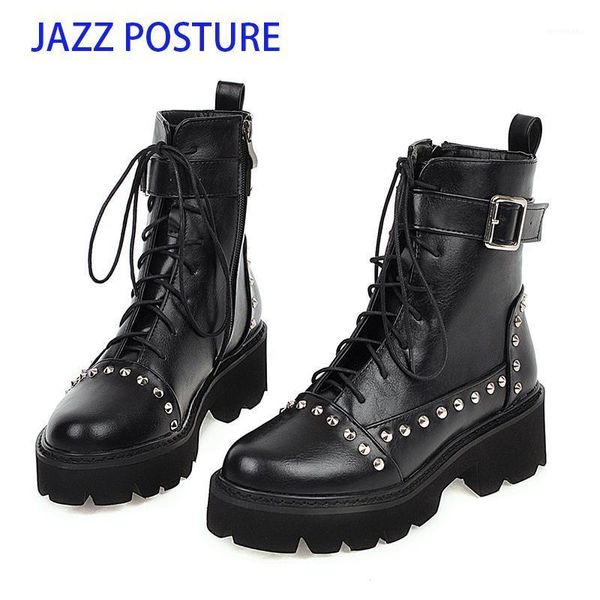 Stivali da donna tacco nero in pelle nera a catena sexy piattaforma piena piattaforma femmina punk caviglia con cerniera Z702 81443 73326 41982 8