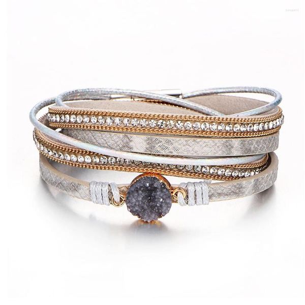 Bangle Boho Bracciali multistrato regolabili Braccialetti per donna Braccialetti di moda in cristallo con perline in resina color argento