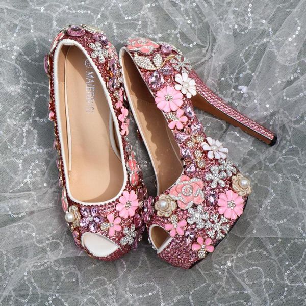 Vestido sapatos de luxo cristal alto personalizar personalizar rosa strass de metal as mãos feitas à mão Bust Integral Date Data de casamento bombas de casamento