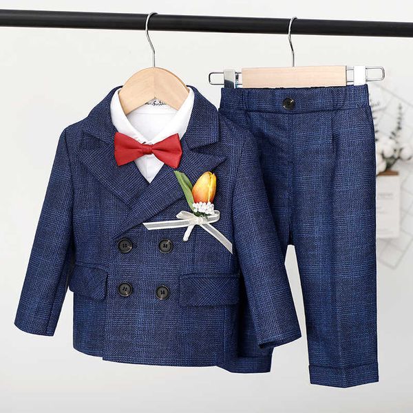 Conjuntos de roupas Conjunto Setelan Gaun Formal Anak Laki-laki Musim Gugur Musim Dingin Inggris Kotak-kotak Kom Penampilan Pesta Pernikahan Anak Blazer Celana Rompi