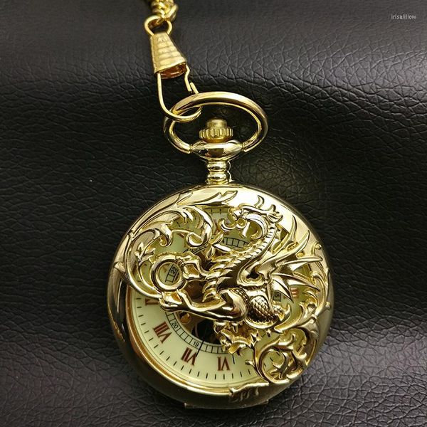 Taschenuhren Gold Drache Mechanische Uhr Männer Skelett Steampunk Fob Römischer Mann Vater Geschenk Vintage Retro Handaufzug