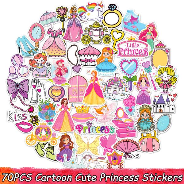 70 pezzi Cartoon Cute Princess Adesivi per ragazza DIY Laptop Scrapbooking Car Frigo Guitar Waterproof Sticker Pack Giocattoli classici