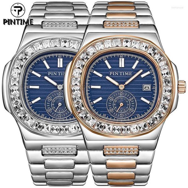 Relógios de pulso quartzo assistir homens luxuosas de pedra de diamante de diamante de diamante lateral lateral hip hop shinestone relógios wristwatch masculino gelado