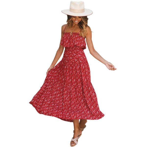 Саронгс праздник свободный спагетти ремешок повседневная макси -плиссированная шлинг Женщины платье с цветочной модной дамой летнее пляж