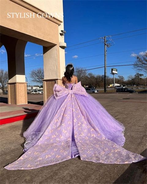 Parti Elbiseleri Prenses Purple Omuz Balo Elbisesi Quinceanera Elbise Boncuk Doğum Günü Kız Yay Dantel Yukarı Geri Mezuniyet 230221