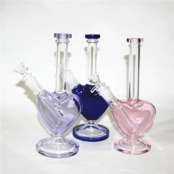 Caveo a forma di cuore da 9 pollici a forma di cuore rosa blu color vetro bongs tubi d'acqua piattole olio con 14 mm fumre ciotole asciutte secche di erba