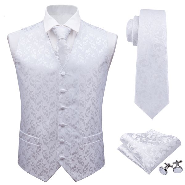 Gilet da uomo BarryWang Mens Classic White Floral Jacquard Gilet di seta Fazzoletto Party Wedding Tie Vest Suit Pocket Square Set 230222