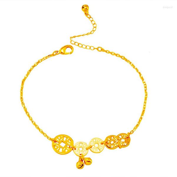 Cavigliere Bracciale alla caviglia con catena color oro 24k sulla gamba Gioielli per piedi Boho Braccialetti con cavigliera con ciondolo a moneta piatta per le donne Accessori da sposa