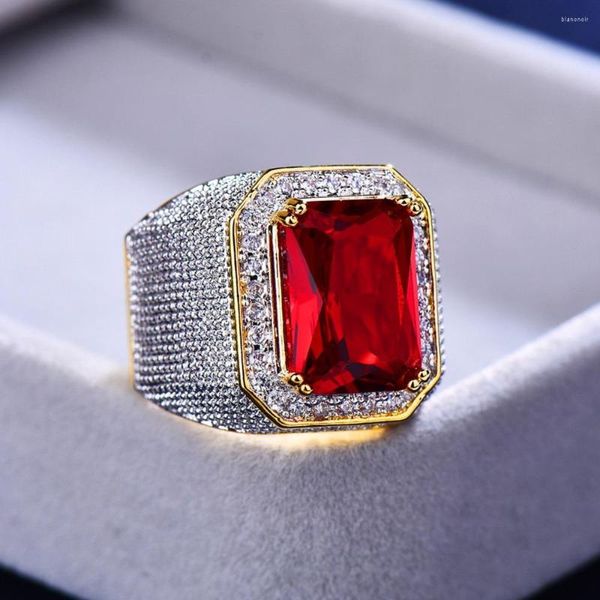 Fedi nuziali di lusso maschio femmina grande anello di fidanzamento rosso carino gioielli in oro giallo zircone pietra vintage per uomini e donne