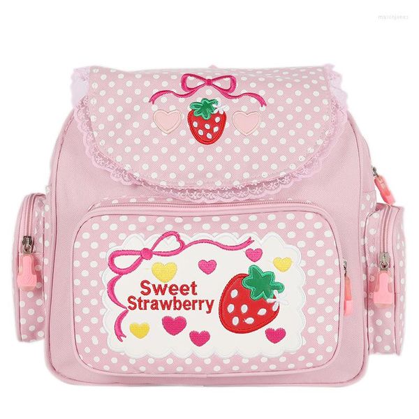 Bolsas escolares estilos japoneses cartoon morango bordado escolar bolsa escolar garotas lolita renda mochila