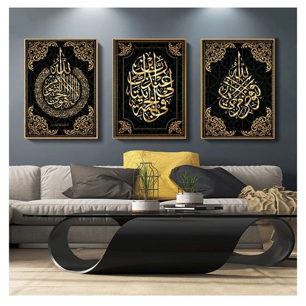 Poster de arte de parede preto muçulmano dourado corão pintando decoração de casa ramadã Allah caligrafia árabe islâmica woo woo