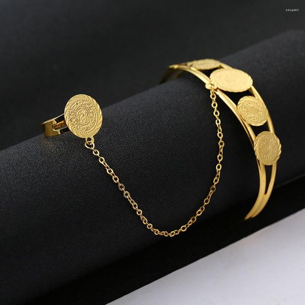 Bracciale rigido vintage da donna color oro, anello 2 in 1, regalo di gioielli regolabile con moneta araba mediorientale
